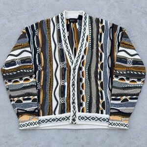 Baucci Vintage 90s 3D Knit Cardigan Sweater Mens Multi Color Coogi Style